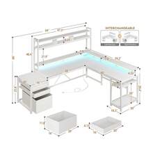 EnHomee L Shaped Computer Desk With Drawers, Gaming Computer Desk With LED Light & Power Outlets,Gaming Desk With Monitor Stand & Shelves, Home Office Desks For Gaming Room - 查看 3