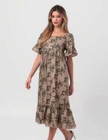 Pequiá Green Autumn Flower Midi Dress - Green - View 1