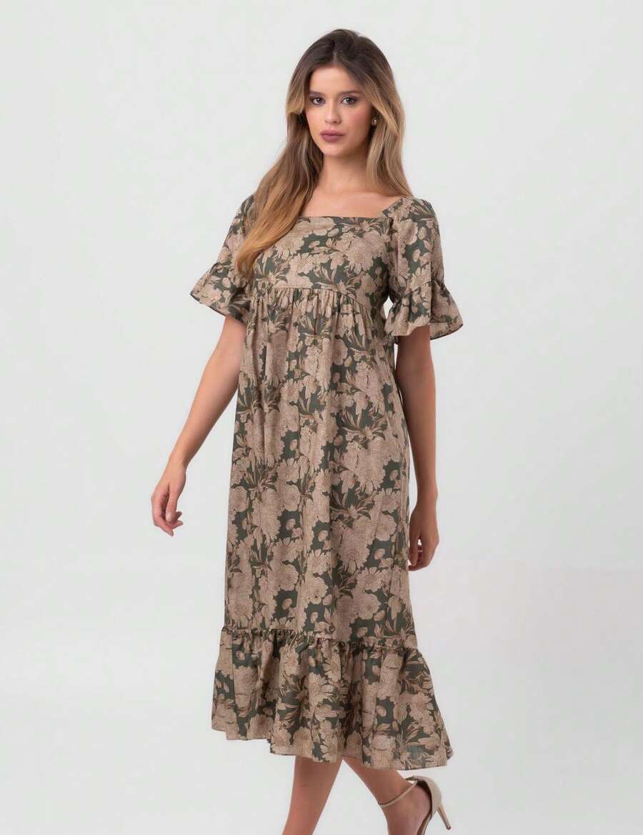 Pequiá Green Autumn Flower Midi Dress - Green - View 1