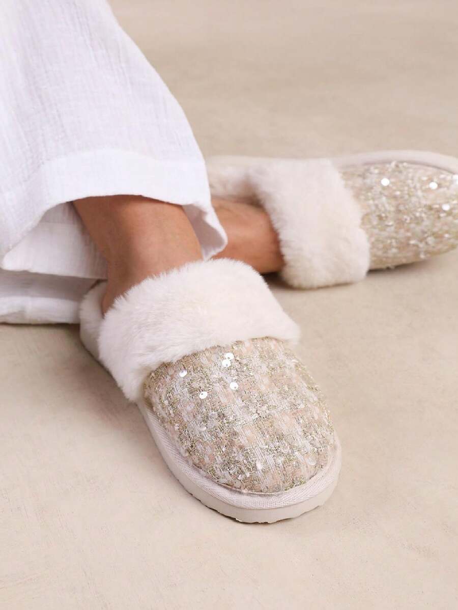 Where’s That From COZY SLIP ON SEQUIN SLIPPERS WITH FUR TRIM - Beige Gold - View 1
