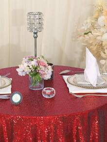 1pc Shiny Gold Round Sequin Table Cloth, Suitable For Wedding, Birthday Party, Shower - Red - View 12