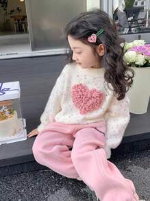 Suéter de manga larga con diseño de corazón y lunares de jaquard para niñas preadolescentes, otoño/invierno - Blanco - Ver 9