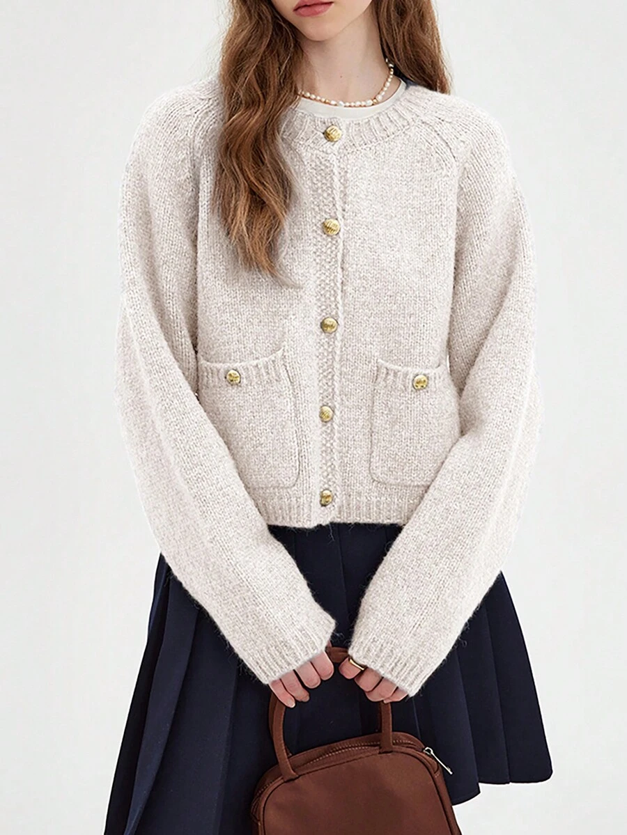 Áo len cardigan cổ chữ V thường ngày cho nữ, mùa thu đông - Màu be - Xem 1