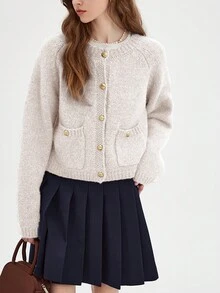 Áo len cardigan cổ chữ V thường ngày cho nữ, mùa thu đông - Màu be - Xem 3