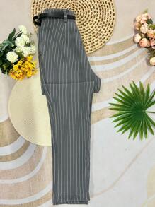 Women's Tailored Striped Pants With Belt And Casual Bag - 深灰色 - 查看 4