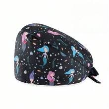 1pc Women Mountain & Water Print Cartoon Graffiti Polyester Printed Scrub Cap, Four Seasons Medical Worker Cap For Doctor, Nurse, Beauty Salon, Veterinary, Anti-Bacterial Dust Free Halloween