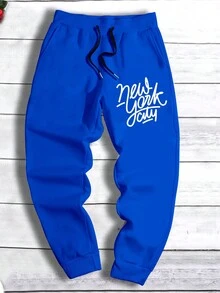 Men's Loose Fit New York City Style Sweatpants, Drawstring Waistband Sweatpants. - 藏蓝色 - 查看 2