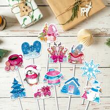 12PCS Christmas Cupcake Topper, Blue And Pink Santa Claus Snowman Christmas Tree Cake Decorations Toppers For Xmas Party Decor Supply,Christmas - Multicolor - View 4