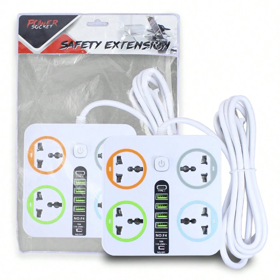 Extensión Multicontacto cuadrada con 4 Salidas de Enchufe y 4 salida USB 3.0 Carga Rápida 2 metros de Cable - Blanco - Ver 1