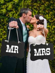 2pcs/Set Party Shooting Props, Pulling Flag, Pulling Flower, Creative Photo Props, MR MRS Card, Suitable For Wedding Party Decor, Wedding Photo Shooting, Newlywed Wedding Chair Decoration Halloween