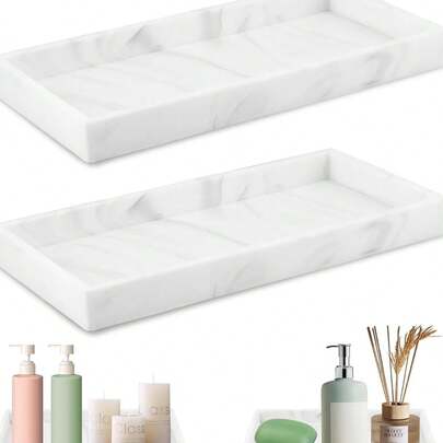 2pcs White Marble Rectangular Decorative Trays, Vanity Bathroom Storage Trays, Bathtub And Kitchen Sink Organizer Home Bathroom Decor Bathroom Organizer Fall Decor Makeup Organizer Back To School