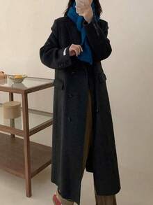 Women's Classic Double-Faced Wool Coat – Solid Color, Structured Shoulders, Blazer Collar, Double-Breasted. Elegant And Versatile For Commuting In Fall And Winter. - Carbon Black - View 5