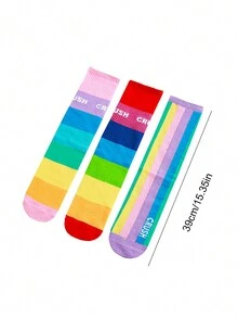 1 Pair Children Rainbow Striped Knee-High Socks, Suitable For Daily Wear And Parties, Autumn/Winter For Girls - Multicolor - View 3