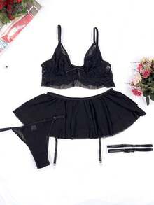 女士蕾丝拼布性感内衣套装 - 黑色 - 查看 9