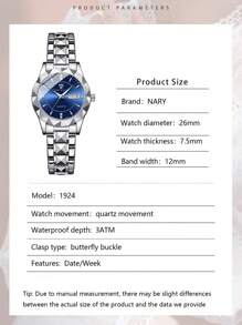 NARY 1 pièce Montre à quartz élégante pour femmes avec calendrier à la mode et cadran de jour, bracelet en acier inoxydable, convient pour le port quotidien et les fêtes