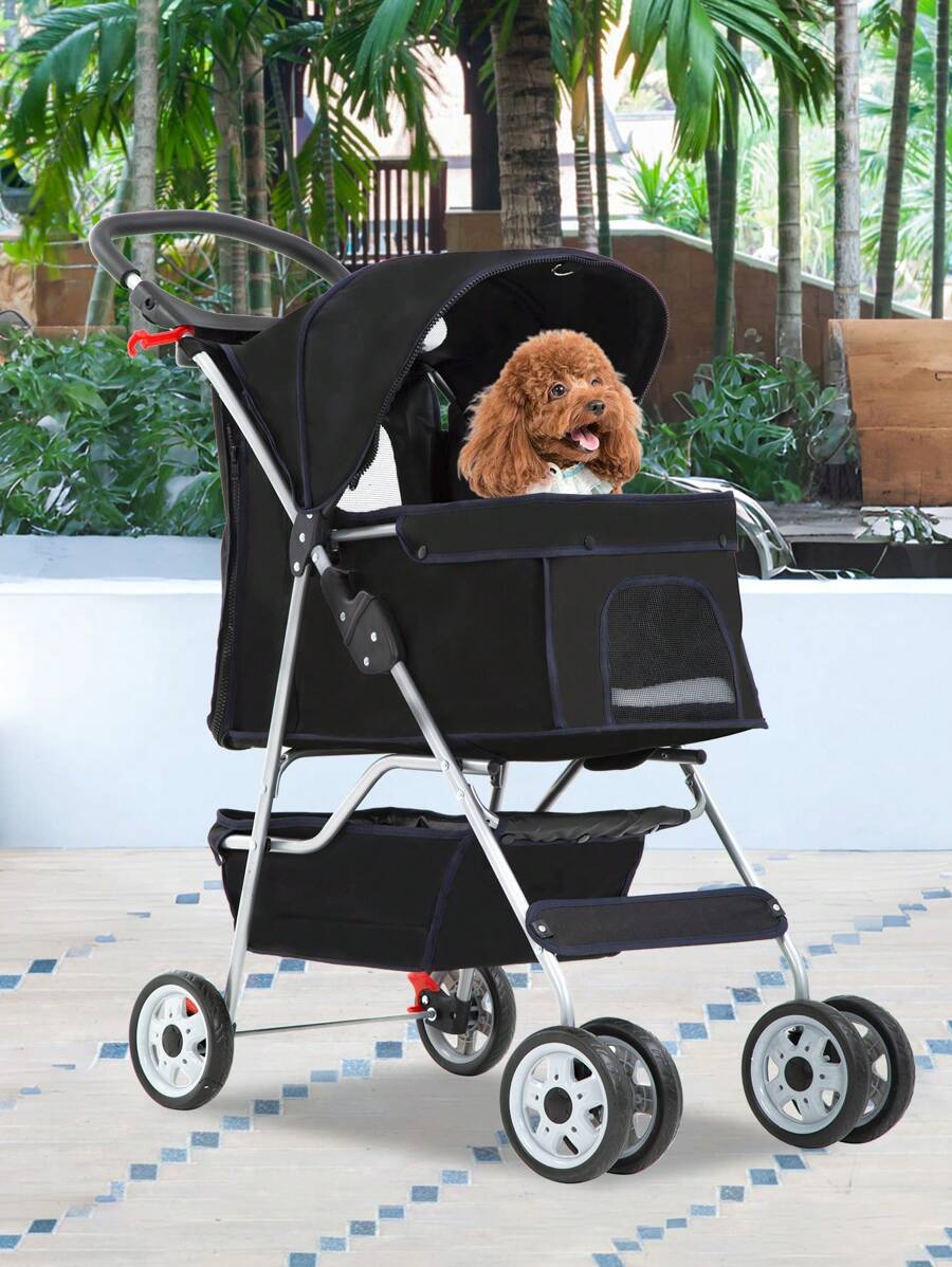 4 Wheels Dog Stroller, Pet Cat Jogger Stroller, Folding Carrier Waterproof Puppy Stroller With Cup Holder & Removable Liner, Dog Strollers For Small Dogs, For Small And Medium Pet Supplies - Black - View 1