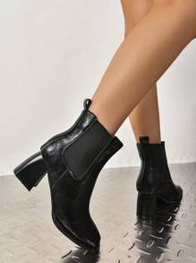 女士复古方头切尔西踝靴，粗跟套脚靴，2024 年秋冬流行短靴