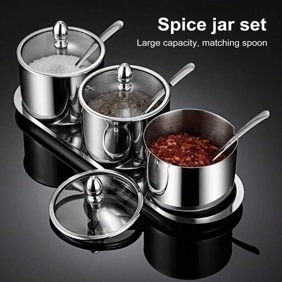 3 Seasoning Cans, Stainless Steel Sugar Cans (With Glass Lid And Spoon