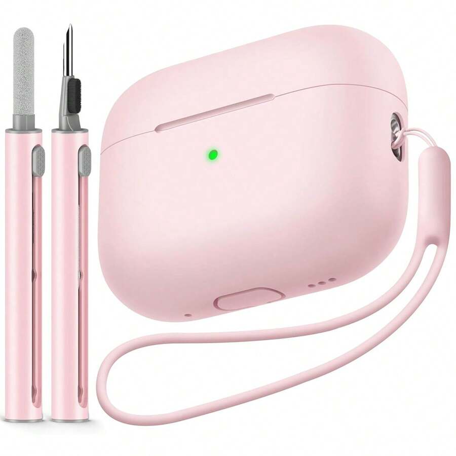 1 Set Silicone Thick Protective Case With Anti-Lost Strap & Cleaning Brush For AirPods Pro 2 And Pro