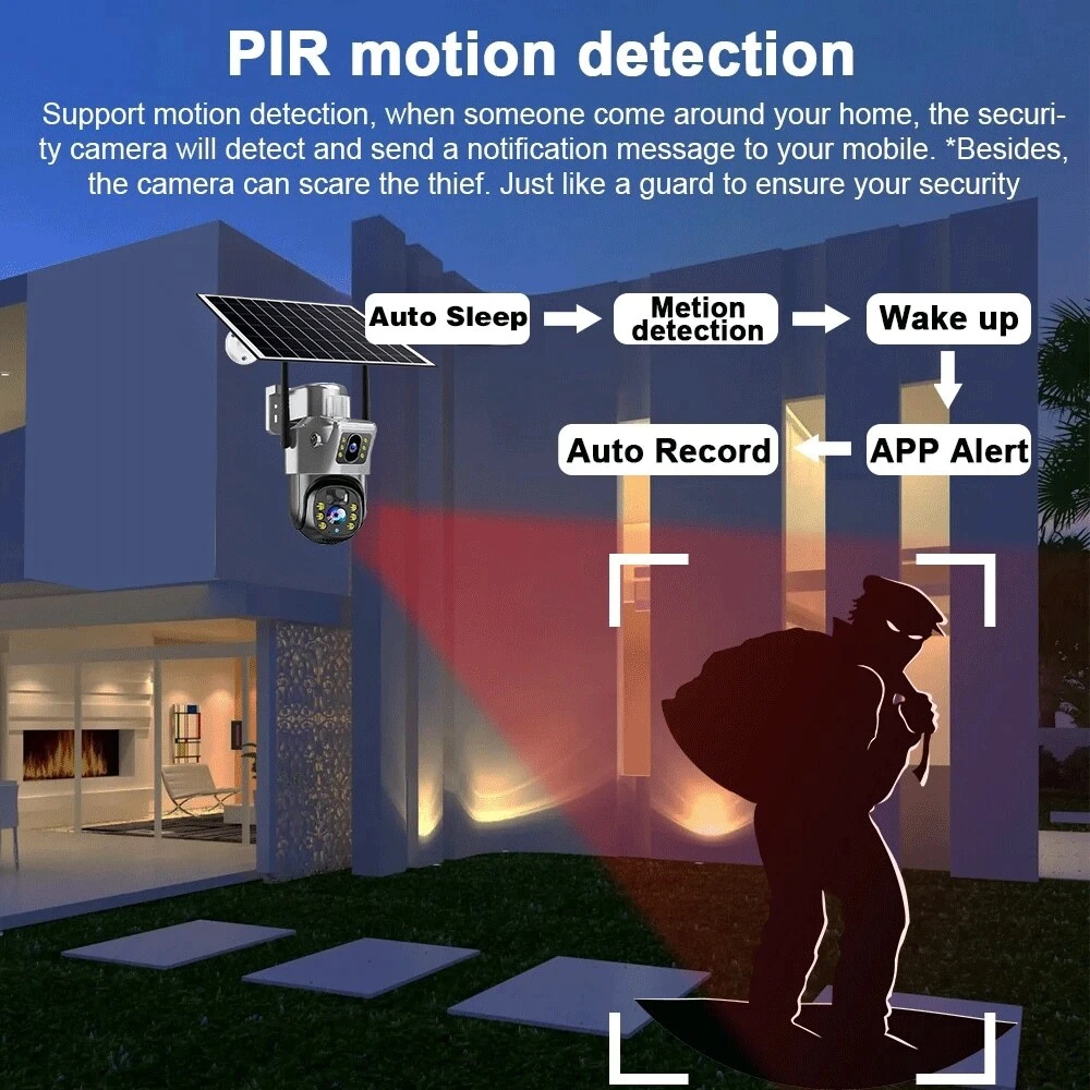 SWVW WIFI Solar Camera Dual Lens Outdoor 8MP 4K 10X Zoom Low Power