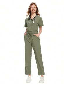 Hospital Working Scrubs Set Operating Room Scrubs Uniform Top+Pants Workwear Dental Surgery Nurse Suits  Beauty SPA Uniforms - Olive Green - View 7