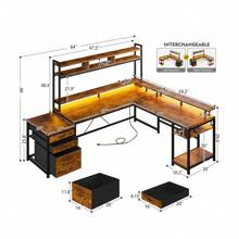 EnHomee Tiger Pattern L Shaped Gaming Computer Desk With LED Light & Power Outlets, Monitor Stand & Shelves,Drawers For Gaming Room - Xem 8