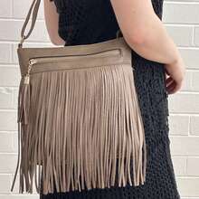 Western Style Fringe Crossbody Bag, Boho Style Shoulder Bag, Tassel Decor Square Purse, Casual Messenger Bag For Travel & Every Day, Portable Business Work, Satchel, Sling Bags, Hobo Fringe Crossbody Purse, Small Handbag, Bohemian Boho Style Bag, Everyday Bag, Chic And Western Style, Perfect For Coachella Festival, Cowgirl, Country Girl - 灰褐色 - 查看 2