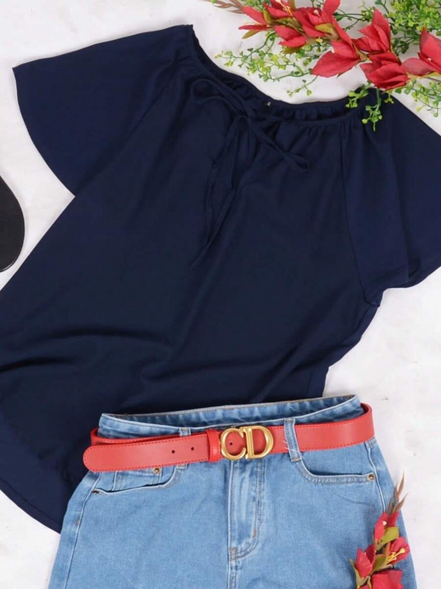 Women's Short Sleeve Tie Neck Blouse With Keyhole Front Detail - 藏蓝色 - 查看 1