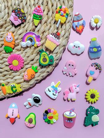 25 PCS Colorful Food Series, Flowers, Astronauts, Rockets, Avocados, Drinks, Clouds Series DIY Charms For Shoe Key Chain Sandals Beach PVC Shoe Charms For Premium Quality Popular Decorations Accessories Great Gifts For Christmas, Birthday, Party