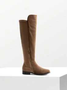 Women Reserve Tall Boots, Flat Low Heel Stretchy Knee High Boots Comfortable Round Toe Suede Slouch Side Zipper Fashionable Solid Color Boots - 棕色 - 查看 8