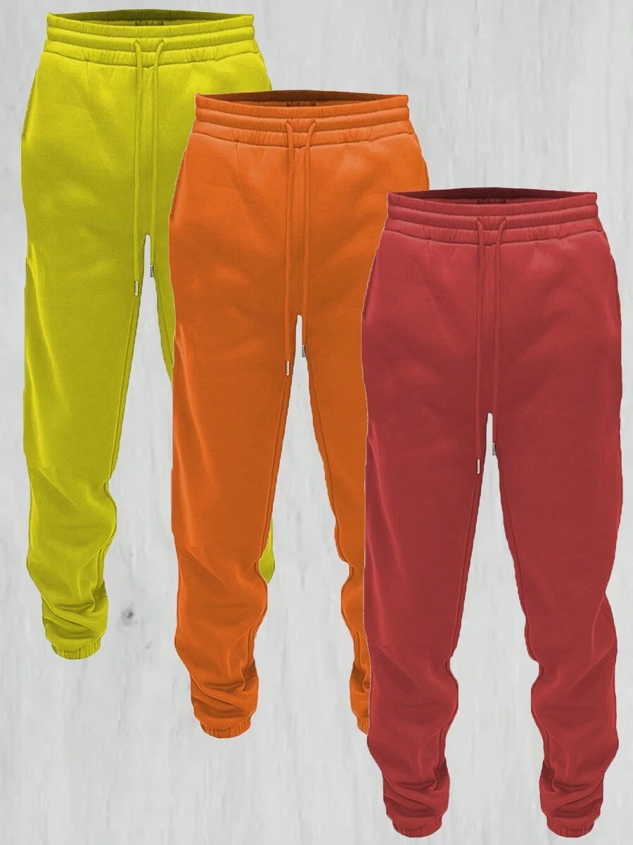 Men's Basic Drawstring Waist & Cuffed Casual Sweatpants For Outdoor Running, Spring And Fall - GÓI 3 CÁI - ĐỎ CAM CHUA - Xem 1