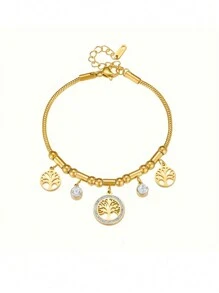 1 件镶有水钻的生命之树圆形吊坠不锈钢链式手链，时尚百搭的设计适合日常佩戴