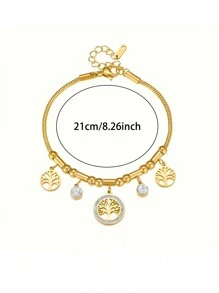 1 件镶有水钻的生命之树圆形吊坠不锈钢链式手链，时尚百搭的设计适合日常佩戴