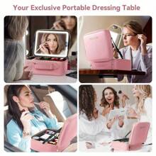 Bolsa de maquillaje JUSRON con espejo y luz, bolsa de cosméticos de viaje, organizador de maquillaje con 3 luces diferentes, brillo ajustable y divisores - blanco cremoso - Ver 9