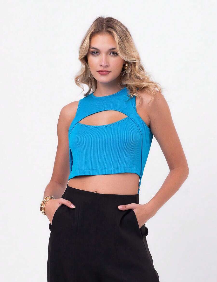 Pink Labrava Openwork Tank Top Bodysuit - Màu xanh lam - Xem 1