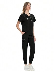 Scrubs Women Beauty SPA Uniform Pet Clinic Store Veterinary Dentistry Work Clothes Set Nurse Scrubs Set Soft Hospital Uniform - Black - View 4