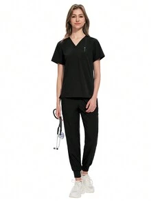 Scrubs Women Beauty SPA Uniform Pet Clinic Store Veterinary Dentistry Work Clothes Set Nurse Scrubs Set Soft Hospital Uniform - Black - View 2