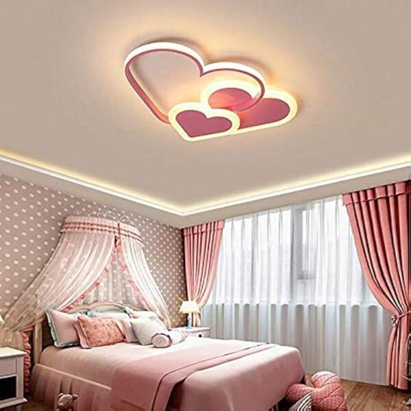 SHZICMY Modern 3 Heart-Shaped Romance Ceiling Light With Remote Control, Stepless Dimming LED Chandelier Flush Mount, Metal Acrylic Ceiling Lamp For Living Room And Bedroom, Pink