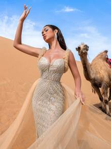 Faeriesty Haute Glamour Elegant Tulle Overlay Mermaid Hem Beaded Sequin Formal Dresses & Evening Gowns