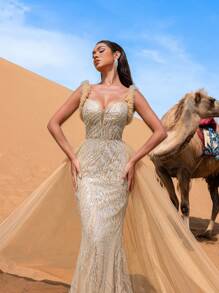 Faeriesty Haute Glamour Elegant Tulle Overlay Mermaid Hem Beaded Sequin Formal Dresses & Evening Gowns