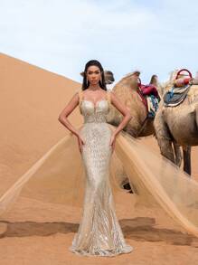 Faeriesty Haute Glamour Elegant Tulle Overlay Mermaid Hem Beaded Sequin Formal Dresses & Evening Gowns