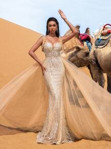 Faeriesty Haute Glamour Elegant Tulle Overlay Mermaid Hem Beaded Sequin Formal Dresses & Evening Gowns