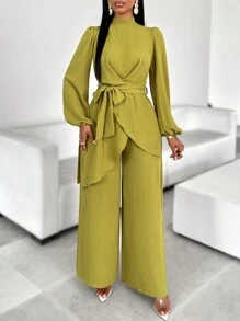 AIJ Amarilo 女士时尚系带前长袖腰带宽松休闲衬衫搭配阔腿裤，适合节日、新娘送礼会和特殊场合