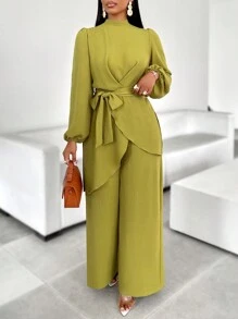 AIJ Amarilo 女士时尚系带前长袖腰带宽松休闲衬衫搭配阔腿裤，适合节日、新娘送礼会和特殊场合