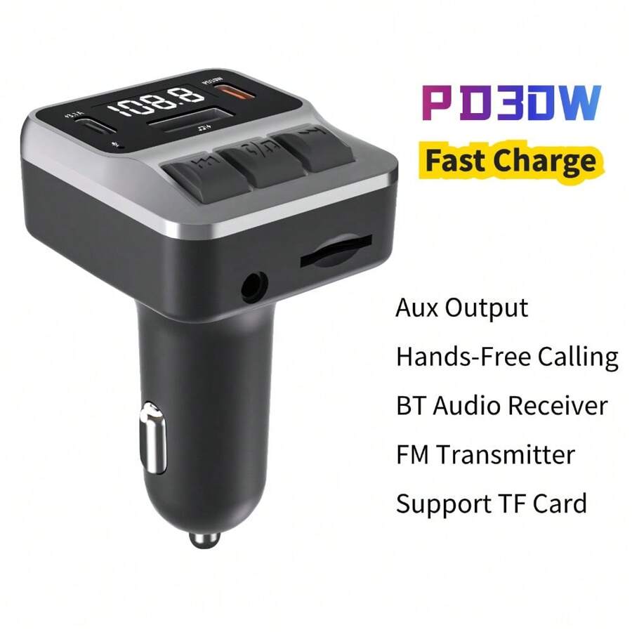Car Handsfree FM Transmitter Car Kit MP3 Player Hands-Free Audio Receiver PD 30W Fast Charger For IPhone 16 15 14 13 12 11/Pro/Max/Plus/Mini/8/SE/X/XS, Airpods 4/3/2/Pro2/Pro - Black - View 1