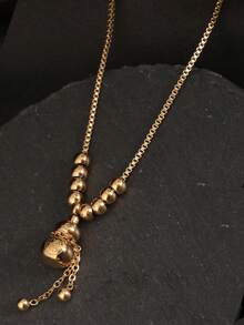 1pc Stainless Steel Fortune Character & Gourd Tassel Pendant Necklace, High-End Box Chain Necklace For Women, Party & Daily Wear - Gold - View 5