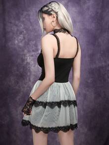 Gothic Lace-Up Ruffle White Mesh Cami Dress - Black and White - View 2
