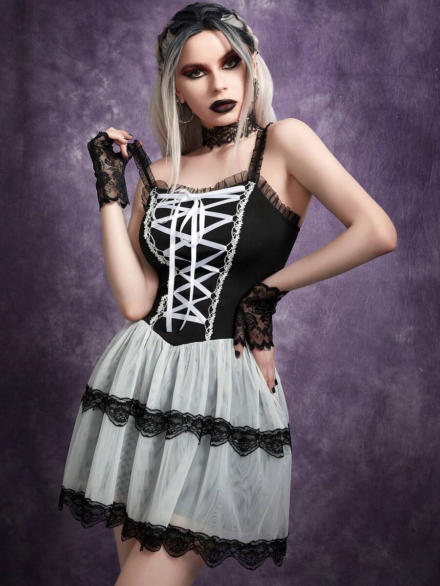 Gothic Lace-Up Ruffle White Mesh Cami Dress - Black and White - View 1
