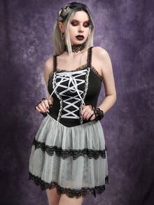 Gothic Lace-Up Ruffle White Mesh Cami Dress - Black and White - View 3
