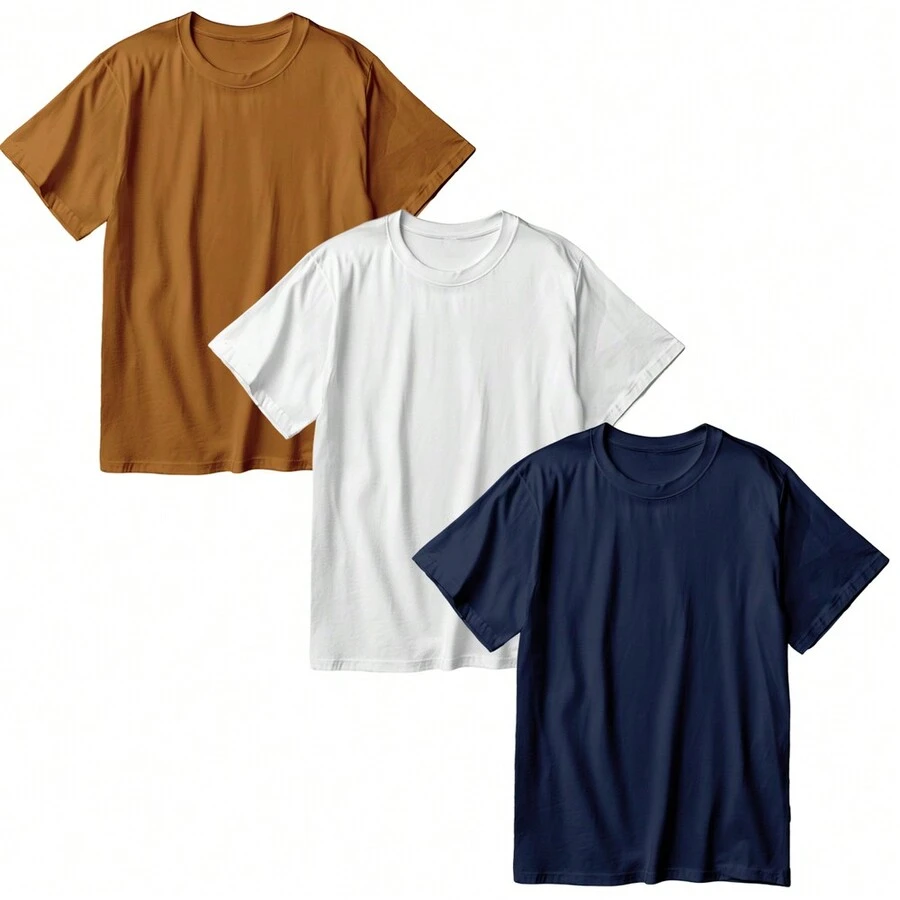 Kit Of 3 Men's Oversized T-Shirts Premium Cotton Plain Fashion Streetwear Caramel/White - 彩色 - 查看 1